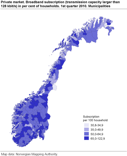 Private market. Broadband subscriptions (transmission capacity larger than 128 kbit/s) as a percentage of households. 1st quarter 2010. Municipalities