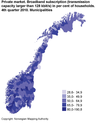 Private market. Broadband subscriptions (transmission capacity larger than 128 kbit/s) as a percentage of households. 4th quarter 2010. Municipalities