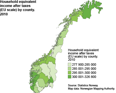 Household equivalent income after taxes (EU scale) by county. 2010