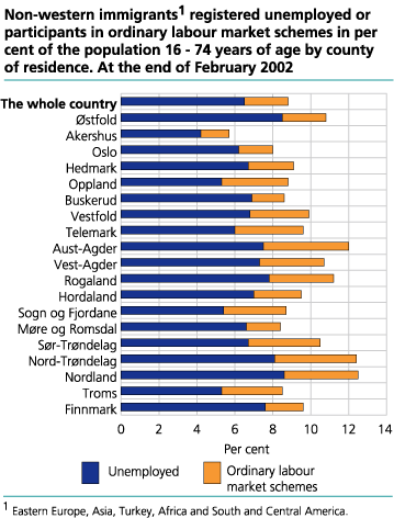 Non-western immigrants registered unemployed or participants in ordinary labour market schemes in per cent of the population 16-74 years of age by county of residence. At the end of February 2002  