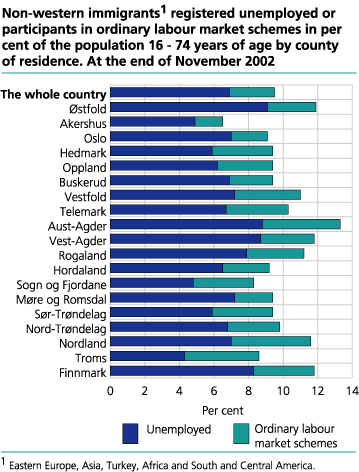 Non-western immigrants registered unemployed or participants in ordinary labour market schemes in per cent of the population 16-74 years of age, by county of residence. At the end of November 2002 
