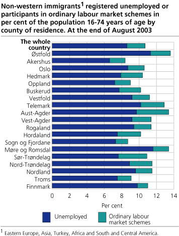 Non-western immigrants registered unemployed or participants in ordinary labour market schemes in per cent of the population 16-74 years of age by county of residence. At the end of August 2003 