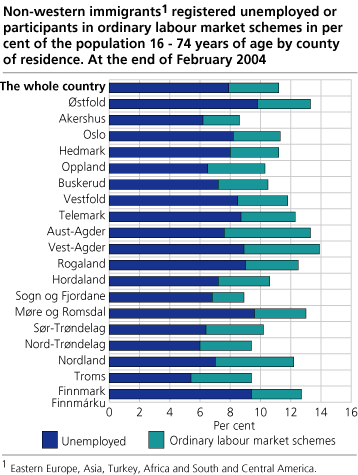 Non-western immigrants1 registered unemployed or  articipants in ordinary labour market schemes in per cent of the population 16 - 74 years of age by county of residence. At the end of February 2004