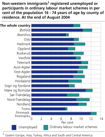 Non-western immigrants registered unemployed or participants in ordinary labour market schemes in per cent of the population 16-74 years of age by county of residence. At the end of August 2004
