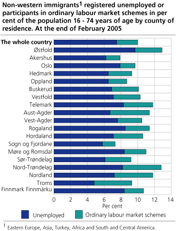 Non-western immigrants registered unemployed or participants in ordinary labour market schemes in per cent of the population 16-74 years of age by county of residence. At the end of February 2005