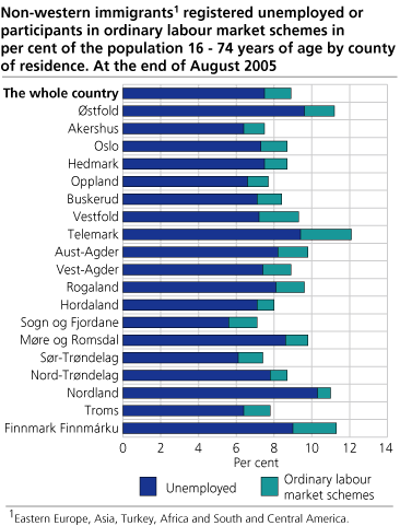 Non-western immigrants registered unemployed or participants in ordinary labour market schemes in per cent of the population 16-74 years of age by county of residence. At the end of August 2005