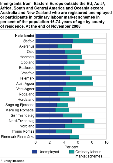 Immigrants from  Eastern Europe outside the EU, Asia, Africa, South and Central America and Oceania except Australia and New Zealand who are registered unemployed or participants in ordinary labour market schemes in per cent of the population 16-74 years of age by county of residence. At the end of November 2008