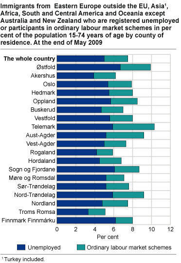 Immigrants from Eastern Europe outside the EU, Asia#1, Africa, South and Central America and Oceania except Australia and New Zealand who are registered unemployed or participants in ordinary labour market schemes as a percentage of the population 15-74 years of age by county of residence. By the end of May 2009