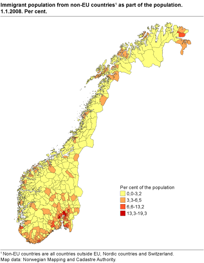 Immigrant population from non-EU countries as part of the population. Per cent. 1.1.2008.