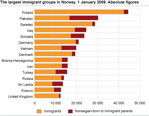 The largest groups in Norway. 1 January 2009. Absolute numbers