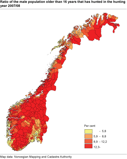 Ratio of the male population older than 16 years that has hunted in the hunting year 2007/08.