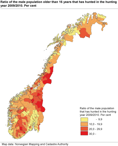 Ratio of the male population older than 16 years that has hunted in the hunting year 2009/2010, by municipality.