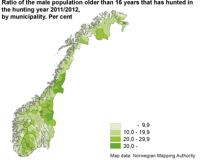 Ratio of the male population older than 16 years that has hunted in the hunting year 2011/2012, by municipality