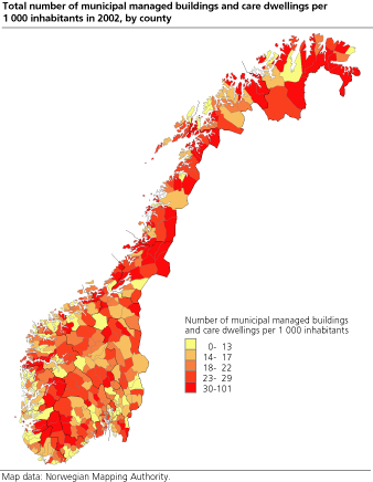 Total number of municipal managed buildings and care dwellings per 1 000 inhabitants in 2002, by county 