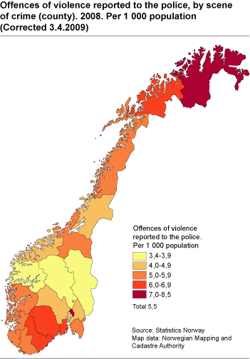 Offences reported to the police, by and scene of crime (county). 2007. Per 1 000 population