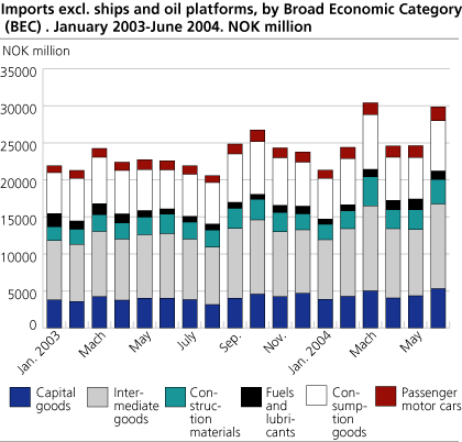 Imports excl. ships and oil platforms, by broad Economic category (BEC) . January 2003 - June 2004. NOK million 