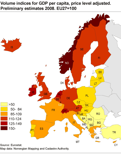 Volume indices for GDP per capita, price level adjusted. Preliminary estimates 2008. EU27=100