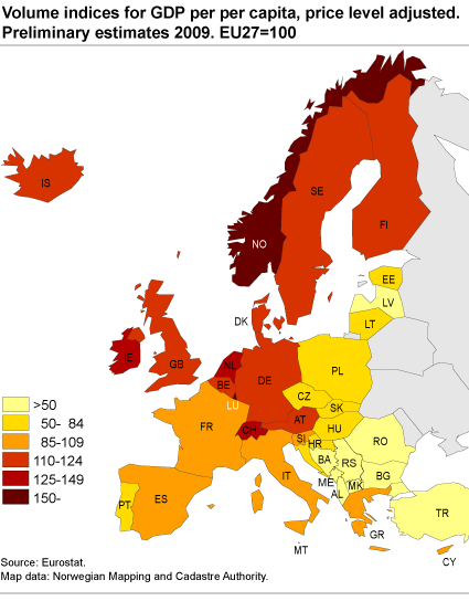 Volume indices for GDP per capita, price level adjusted. Preliminary estimates 2009. EU27=100