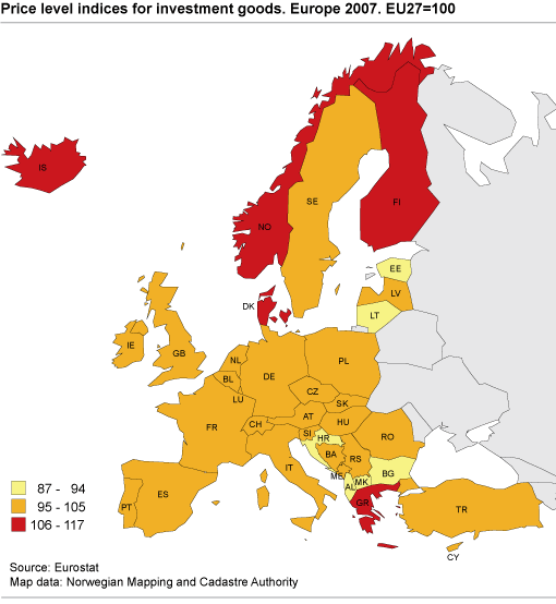 Price level indices for investment goods 2007. EU27 = 100