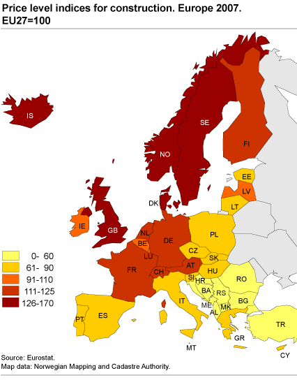 Price level indices for construction. Europe 2007. EU27 = 100 