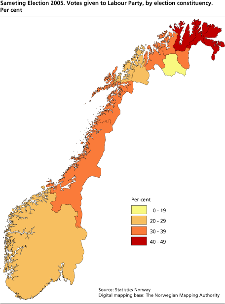 Sameting Election 2005. Votes given to Labour Party, by election constituency. Per cent