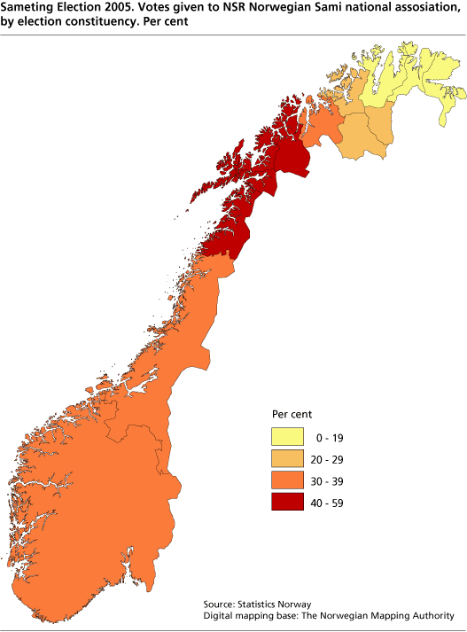 Sameting Election 2005. Votes given to NSR Norwegian Sami national assosiation, by election constituency. Per cent