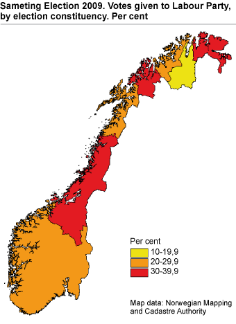 Sameting Election 2009. Votes given to Labour Party, by election constituency. Per cent