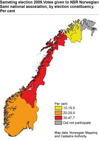 Sameting election 2009.Votes given to NSR Norwegian Sami national assosiation, by election constituency. Per cent
