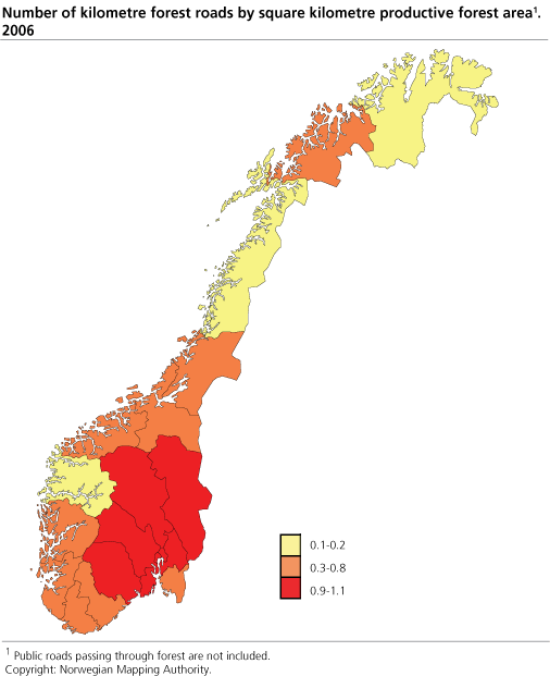 Kilometre forest roads per square kilometre productive forest area. County