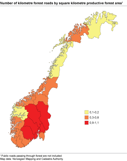 Kilometre forest roads per square kilometre productive forest area. County