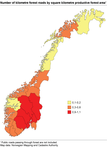 Kilometre forest roads per square kilometre productive forest area. County