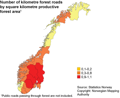 Kilometres of forest roads per square kilometre productive forest area. County