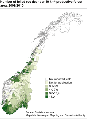 Number of felled roe deer per 10 km² productive forest area. 2009/2010