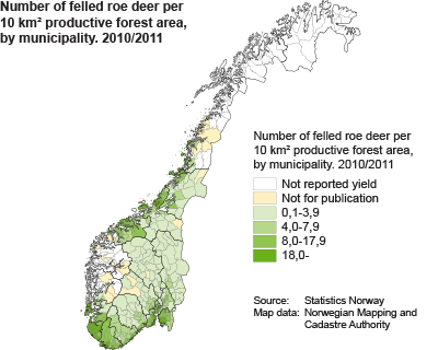 Number of felled roe deer per 10 km² productive forest area, by municipality. 2010/2011