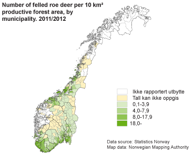 Number of roe deer shot per 10 km² productive forest area, by municipality. 2011/2012