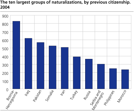 The ten largest groups of naturalizations by previous citizenship.  2004