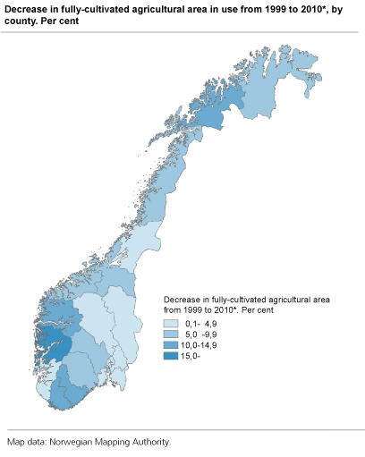 Decrease in fully-cultivated agricultural area in use from 1999 to 2010*, by county. Per cent