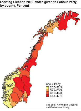 Storting Election 2009. Votes given to Labour Party, by county. Per cent