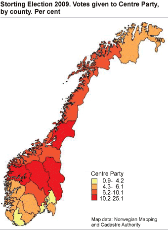 Storting Election 2009. Votes given to Centre Party, by county. Per cent