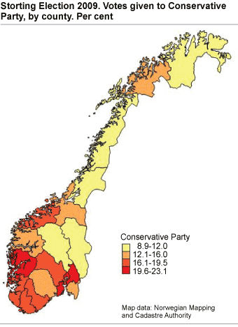 Storting Election 2009. Votes given to Conservative Party, by county. Per cent