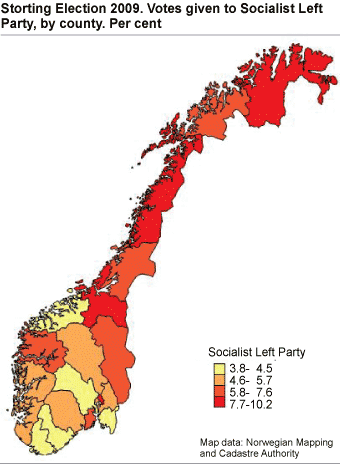Storting Election 2009. Votes given to Socialist Left Party, by county. Per cent
