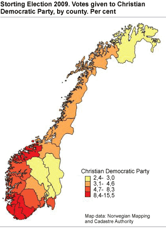 Storting Election 2009. Votes given to Christian Democratic Party, by county. Per cent