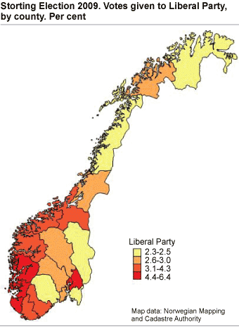 Storting Election 2009. Votes given to Liberal Party, by county. Per cent