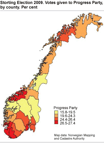 Storting Election 2009. Votes given to Progress Party, by county. Per cent