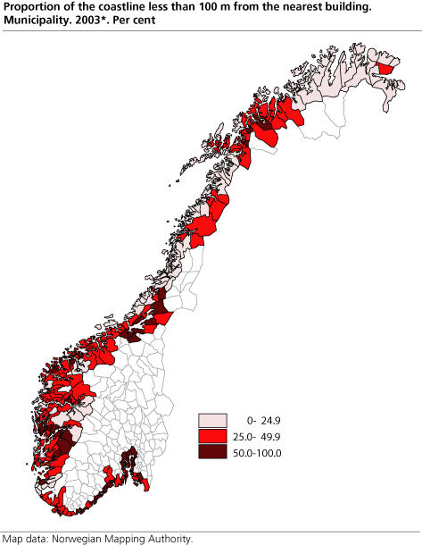 Proportion of the coastline less than 100 m from the nearest building. By municipality, 2003*. Per cent