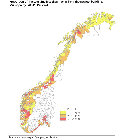Proportion of the coastline less than 100 m from the nearest building. Municipality. 2004*. Per cent