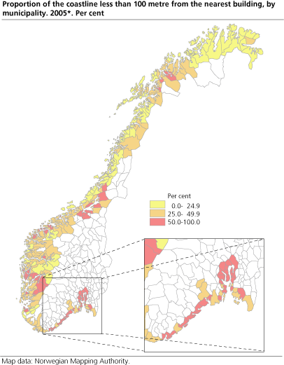 Proportion of the coastline less than 100 m from the nearest building. Municipality. 2005*. Per cent