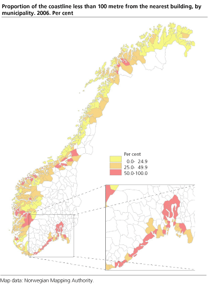 Proportion of the shoreline less than 100 m from the nearest building. Municipality. 2006. Per cent