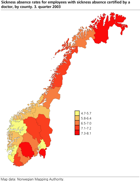 Sickness absence rates for employees with sickness absence certified by a doctor, by county. Q3 2003. 