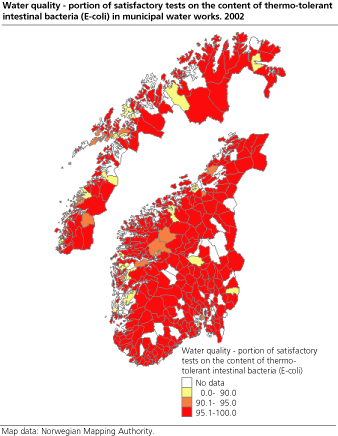 Water quality - portion of satisfactory test on the content of thermo-tolerant intestinal bacteria (E-coli) in municipal water works. 2002.